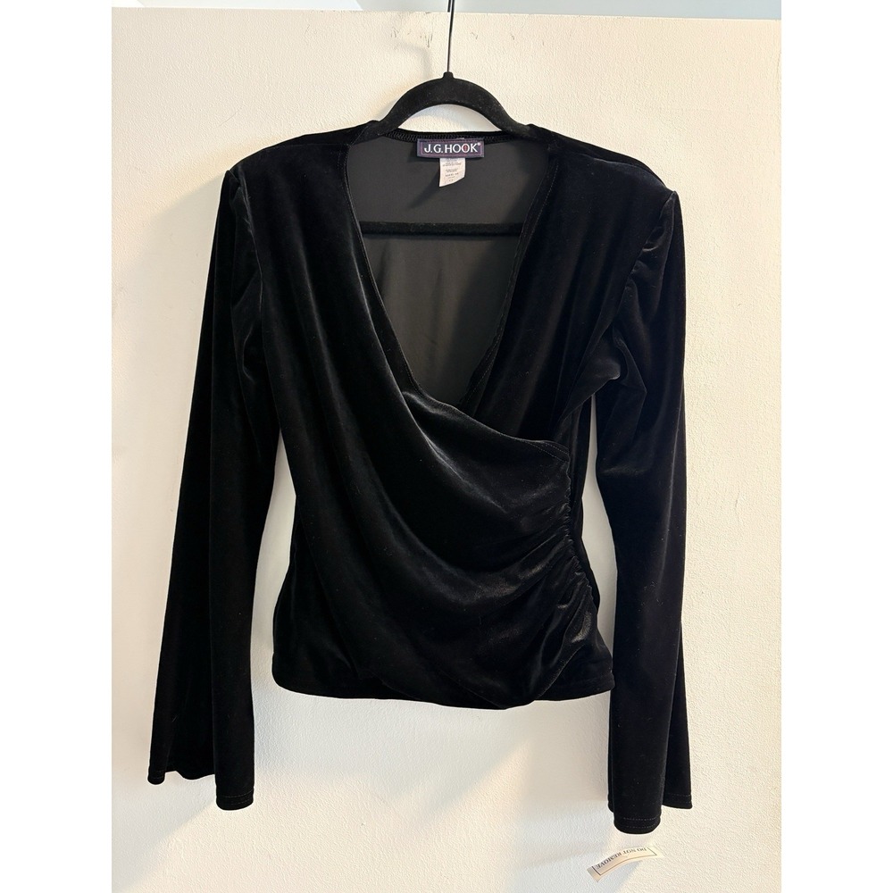 Vintage Black Velvet Faux Wrap Long Sleeve Top Blouse 10 Made In USA Whimsigoth